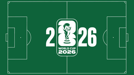 Fototapeta premium Soccer & Football World Cup 2026 Tournament Badge on Pitch Field Background for International Championship Event Branding and Promotional Design