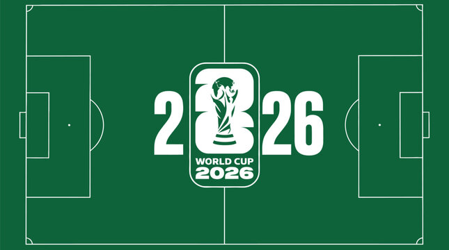 Soccer & Football World Cup 2026 Tournament Badge on Pitch Field Background for International Championship Event Branding and Promotional Design