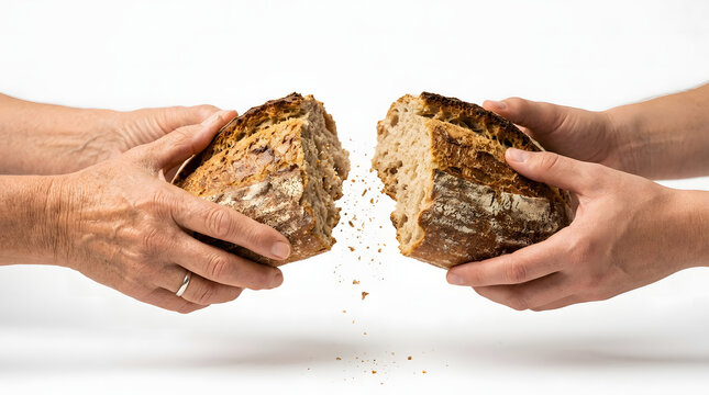 Two pairs of hands tear a rustic sourdough loaf apart in opposite directions with crumbs falling against a white background.
