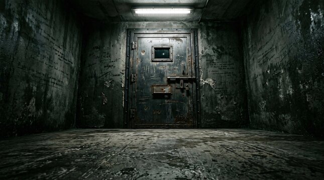 Dark Scary Abandoned Cell Room with Metal Door and Peep Hole.