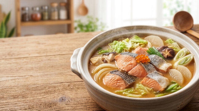 Hokkaido Regional Cuisine: Steaming Miso Ishikari Nabe hot pot with Salmon and Vegetables