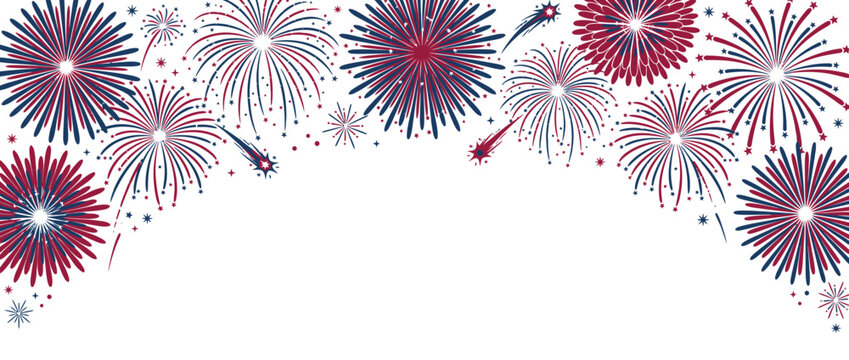  Patriotic Fireworks Burst Border Design on White Background for Independence Day Event Banners, July Fourth Celebration Headers, and Holiday Marketing