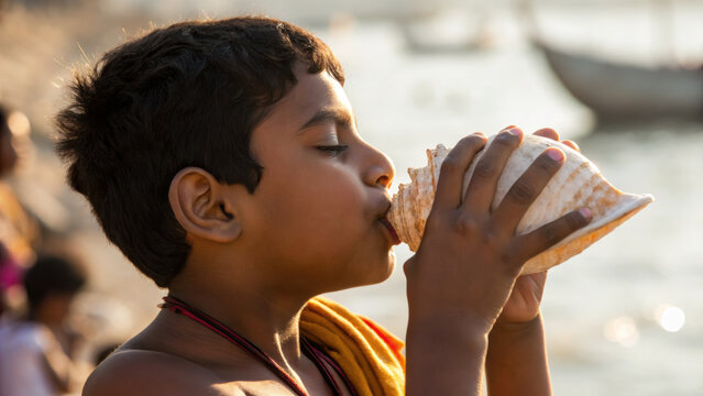 Young indian boy participates in community ceremony by blowing conch shell near water, symbolizing tradition and cultural spirit