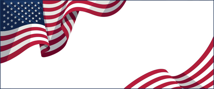 American Flag Waving on White Background Banner with Copyspace for Independence Day Event Marketing, Patriotic Holiday Promotion, and National Celebration