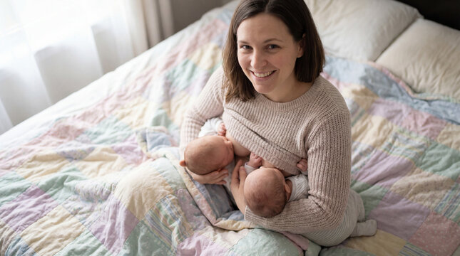 Smiling mother nurses twin infants on bed showing postpartum bonding tandem breastfeeding newborn care family love maternal wellness supportive home life early parenting gentle newborn routine