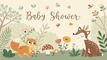 Fototapeta premium Baby shower invitation card with cute forest animals, fox and deer, in a woodland setting with flowers, mushrooms, butterflies and foliage, vector illustration
