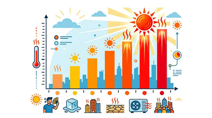 Obraz premium Illustration showing rising global temperatures depicted as a bar graph with a sun symbol, thermometer, and city skyline, conveying climate change