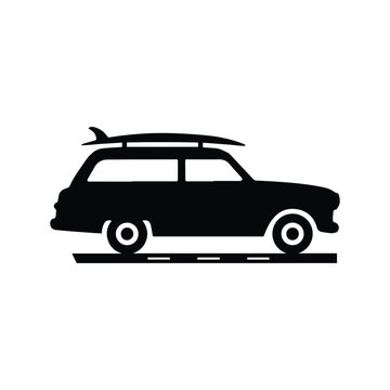 Station wagon car silhouette with surfboard on roof for surf travel.