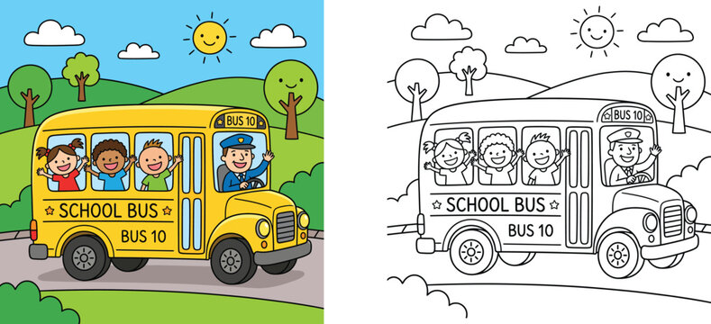 School bus cartoon illustration and coloring page vector set with happy kids and driver waving, educational activity worksheet for children.
