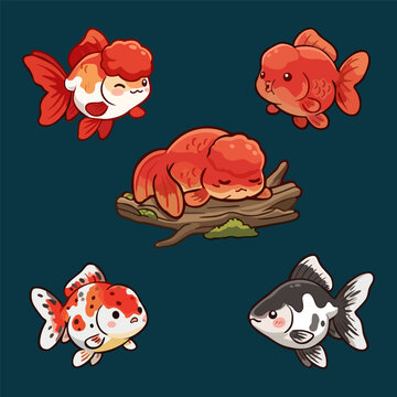 Set of cute ranchu and oranda goldfish vector cartoon characters in various swimming poses, isolated on a dark background