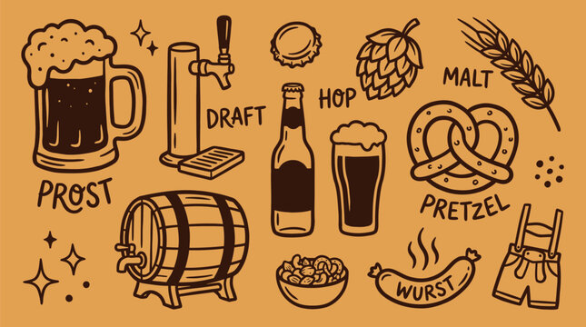 Oktoberfest Celebration Doodle Icon Collection of Beer Festival Symbols for German Holiday Event Promotion, Brewery Marketing, and Seasonal Party Design