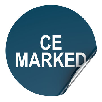 CE marked, blue round sticker with curled corner. 3D rendering