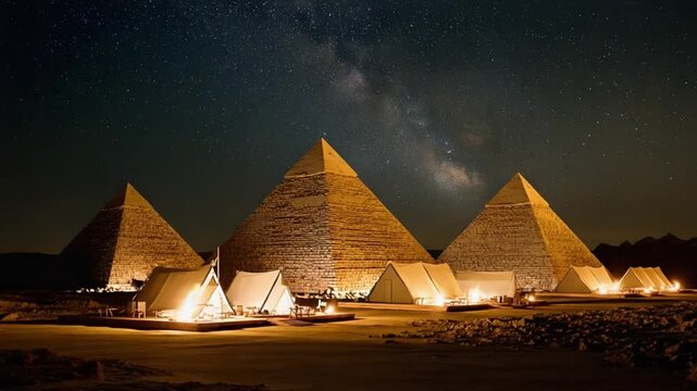 Ancient Wonders Under Starlight: The majestic pyramids of Giza stand illuminated against a canvas of stars, with a modern desert camp providing a unique glamping experience under the vast.
