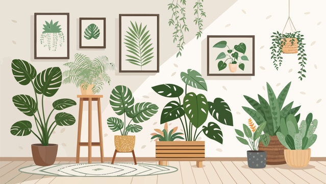Interior design with various indoor plants in pots and wall art frames modern home decor with potted tropical plants, monstera, and hanging vines