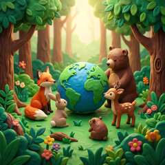 Naklejka premium Cute plasticine claymation forest animals gathering around the planet Earth globe in a sunny woods.