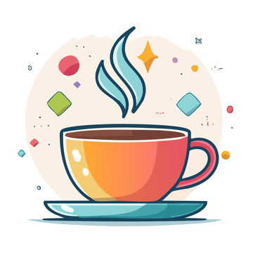 Colorful cup of hot coffee with steam and abstract shapes