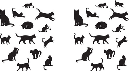 Fototapeta premium Large collection of black cat silhouettes in various playful active and sleeping poses isolated on white background