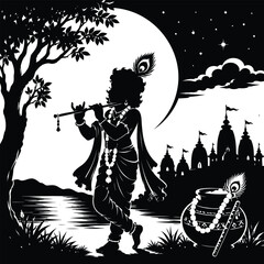 Elegant Black And White Illustration Of Flute Playing God Under Moonlight © designerapu