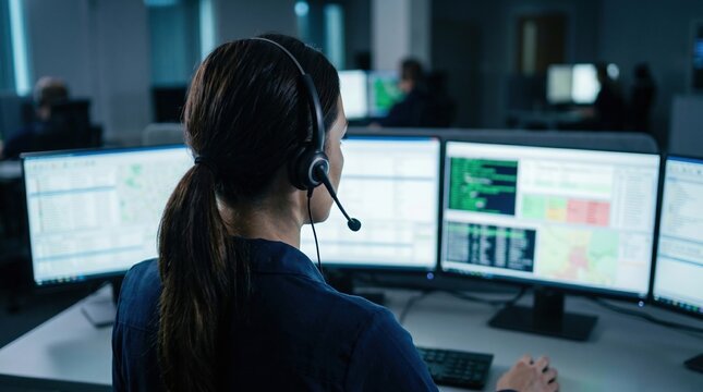 Woman operator monitoring multiple screens in emergency dispatch room. Concept of 24 hour support, public safety, roadside assistance, control center work, crisis response and service tracking.