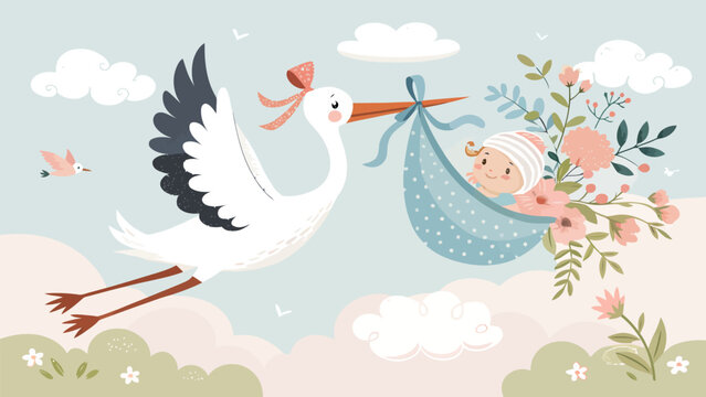 Cute stork carrying a newborn baby in a blue polka dot bundle with flowers, flying in the sky with clouds, vector illustration for baby shower card