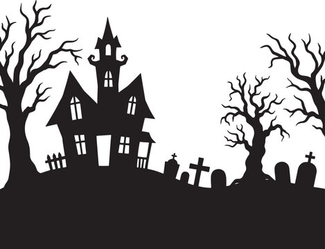 Scary halloween landscape with haunted house dead trees and graves on hill black silhouette illustration isolated on transparent background for festive design.