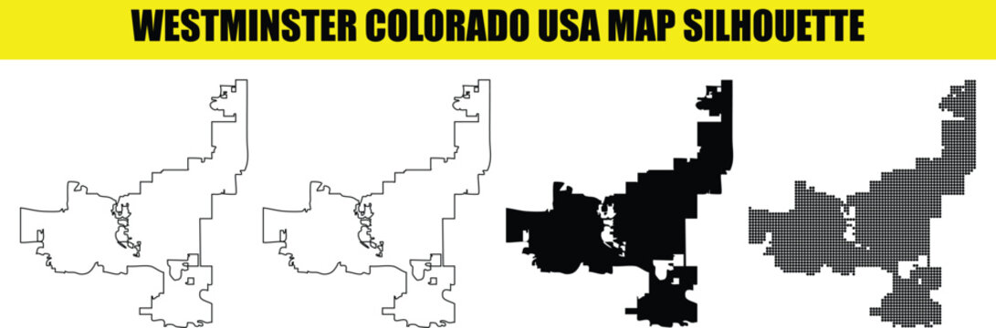 Westminster colorado usa city map silhouette showing urban boundary outline and vector dot pattern graphic design.