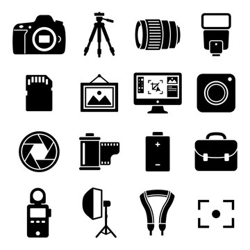 Photography Equipment Icons Black Silhouettes On A White Background