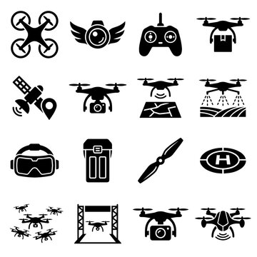 Drone Equipment Silhouette Icons Black On White Background
