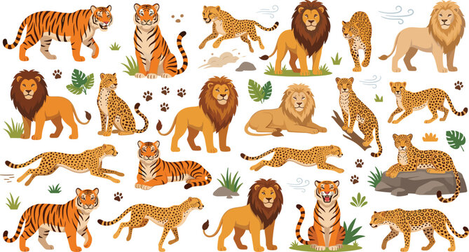 Big Cats Vector Cartoon Character Set with Lions, Tigers, Leopards, and Cheetahs in Various Poses for Wildlife, Jungle, and Safari Theme Designs