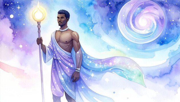 Mystic man holding glowing staff celestial.