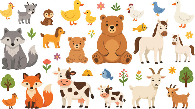 Cute farm and forest animals blue outline vector illustration set