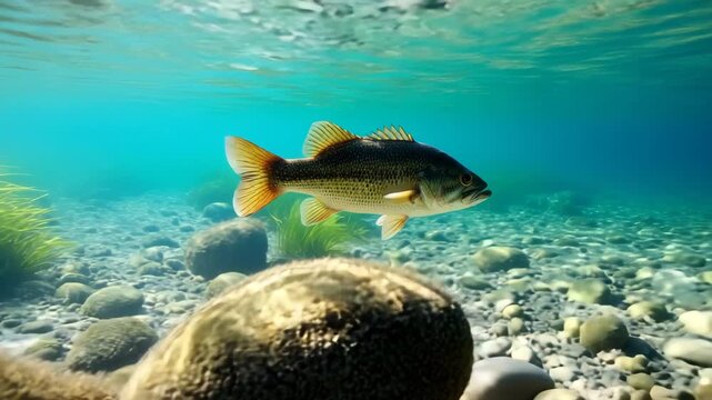 Large mouth bass swimming in crystal clear shallow river water 4K Ai HD high quality video.