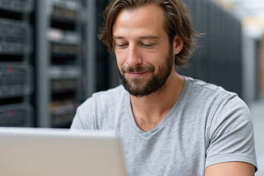Bearded man smiles, focused on laptop screen. Server racks loom in blurred background. Tech worker appears calm, confident, engaged. Ideal for digital, cloud, IT, or server room themes