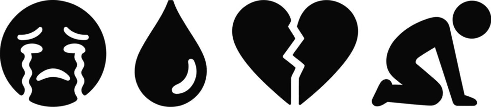 Sadness icon set with crying face emoji tear drop broken heart and kneeling person depression grief sorrow vector silhouette elements