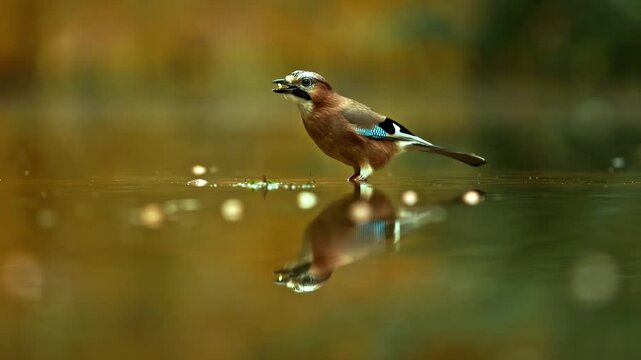 Eurasian jay bird standing and drinking from a forest pond