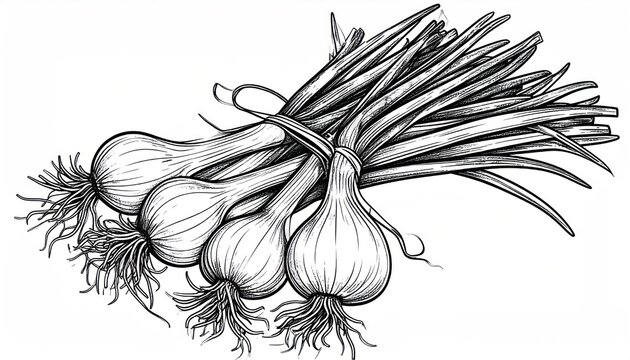 Bunch of spring onions hand drawn sketch illustration.