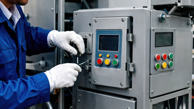Technician in blue uniform and white gloves repairing an industrial control panel with a screwdriver. Maintenance worker fixing machinery. Public utility services concept