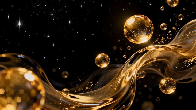Golden liquid swirls and bubbles in space