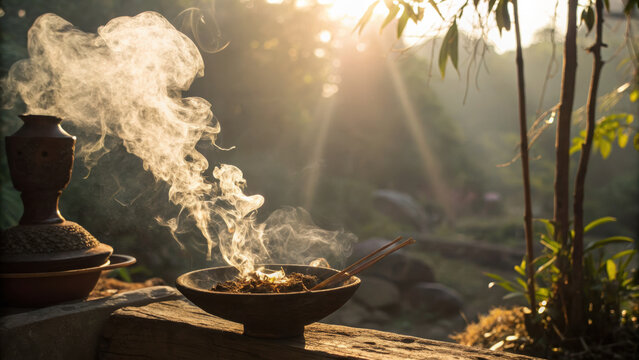 Incense smoke rises in bowl during peaceful india festival travel experience with warm sunlight and natural outdoor scenery creating calm