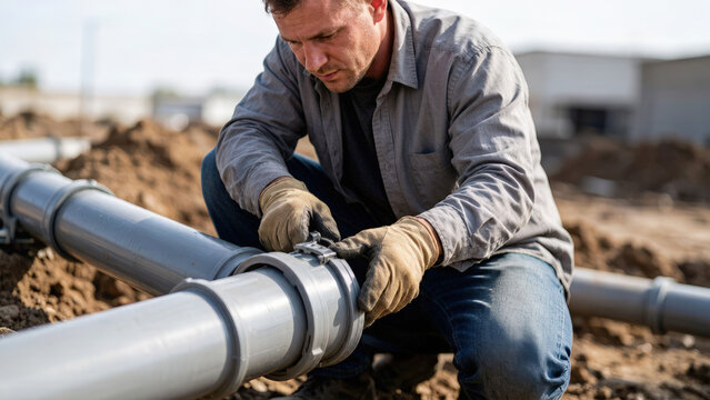 Male construction worker connecting large grey PVC pipes in a dirt trench. Plumber installing underground water or sewage infrastructure on a site