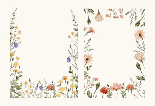 Watercolor wildflower frames collection with delicate botanical details. Elegant floral borders feel romantic and airy and ideal for invitations or branding.