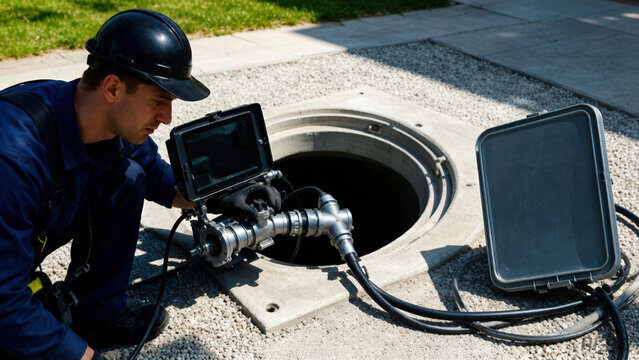Male utility worker operating sewer inspection camera over open manhole. Plumber in hard hat checking underground pipes with video equipment. Public works and sanitation services