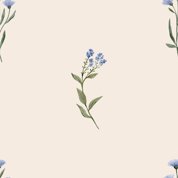 Seamless watercolor blue wildflower pattern in soft pastel tones. Minimal botanical design feels fresh and elegant and perfect for textile or background.