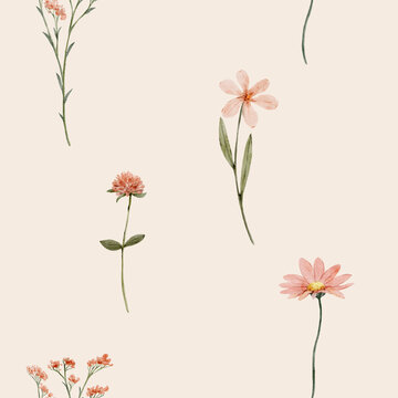 Seamless watercolor pink floral pattern with soft pastel tones. Delicate botanical design feels romantic and airy and perfect for fabric or decor.