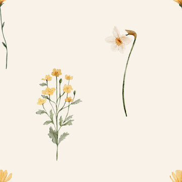 Seamless watercolor floral pattern with delicate meadow flowers. Soft botanical design feels minimal and elegant and perfect for textile or wallpaper.