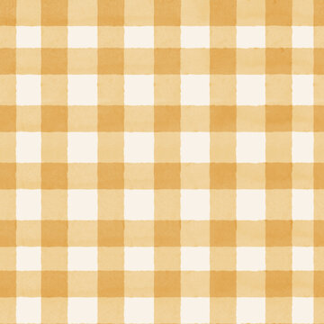 Seamless yellow gingham pattern with soft watercolor texture. Cozy classic checkered design feels warm and cheerful and perfect for textile or picnic themes.