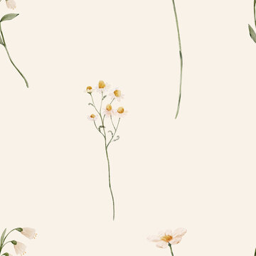 Seamless watercolor wildflower pattern with minimal botanical elements. Soft delicate design feels calm and natural and perfect for textile or wallpaper.