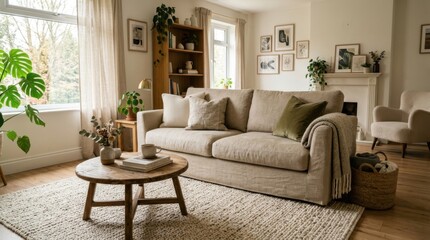 Fototapeta premium Cozy Living Room Interior with Neutral Decor and Houseplants