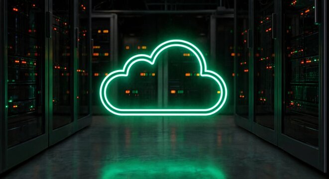 Glowing green neon cloud icon standing between server racks in a dark data center room