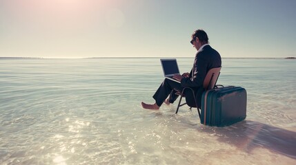 Fototapeta premium Businessman in suit working on laptop while sitting on chair in shallow ocean water next to a suitcase, representing work life balance